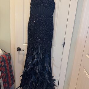 New with tags Bella Barnett Elegant Navy Feather-Trim Maxi Dress